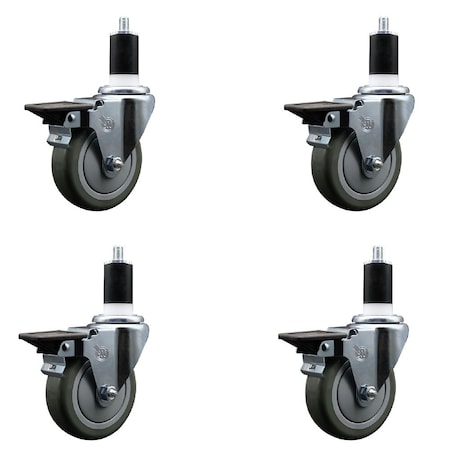 Service Caster 4'' Gray Poly Swivel 1-1/2'' Expanding Stem Caster Set with Brake, 4PK SCC-EX20S414-PPUB-PLB-112-4